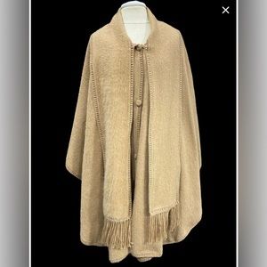 Plus Size Baby Alpaca  Ruana Cape Carmel Tan with Attached Scarf